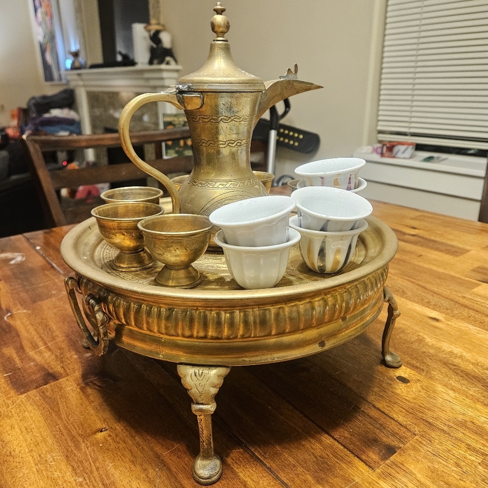 Brass Tea Set Arabian Jewish Coffee Pot Antique Set of 11 Cups w/ Tray Tea Pot